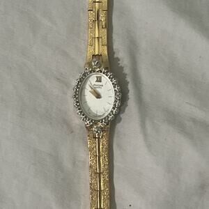 Vtg PULSAR Ladies 15mm Watch Gold Tone Black Dial 4 Diamond Bezel V400 For Parts
